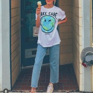 High wasted, wide leg blue jeans.